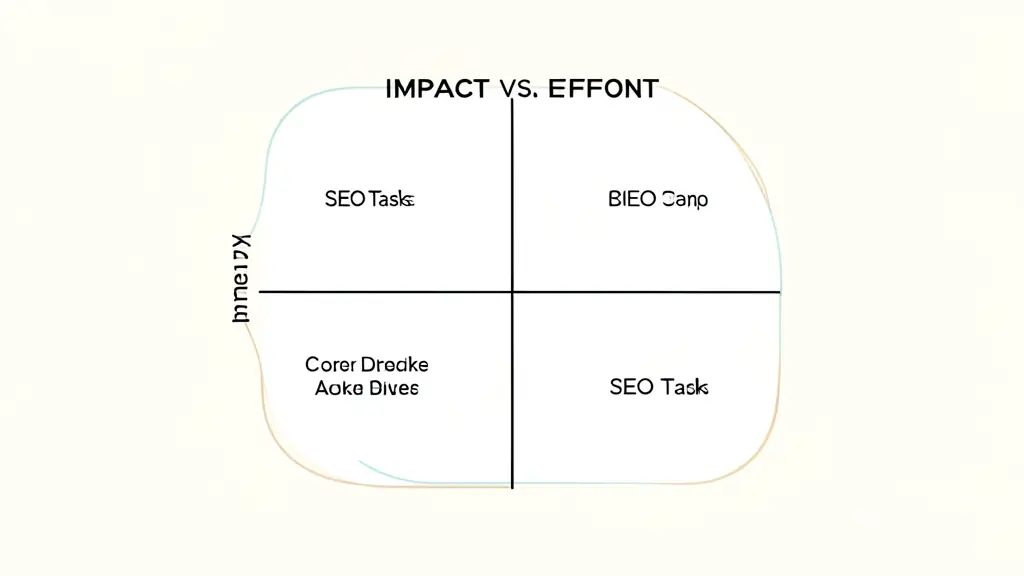 A clean, professional business matrix diagram on a white background, showing a quadrant for Impact vs. Effort with marked SEO tasks.