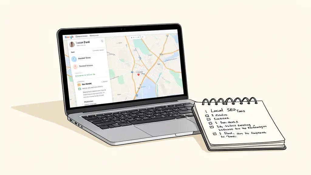 A clean, modern workspace with a laptop displaying a Google Maps local pack result and a notebook with a handwritten checklist of local SEO tasks.