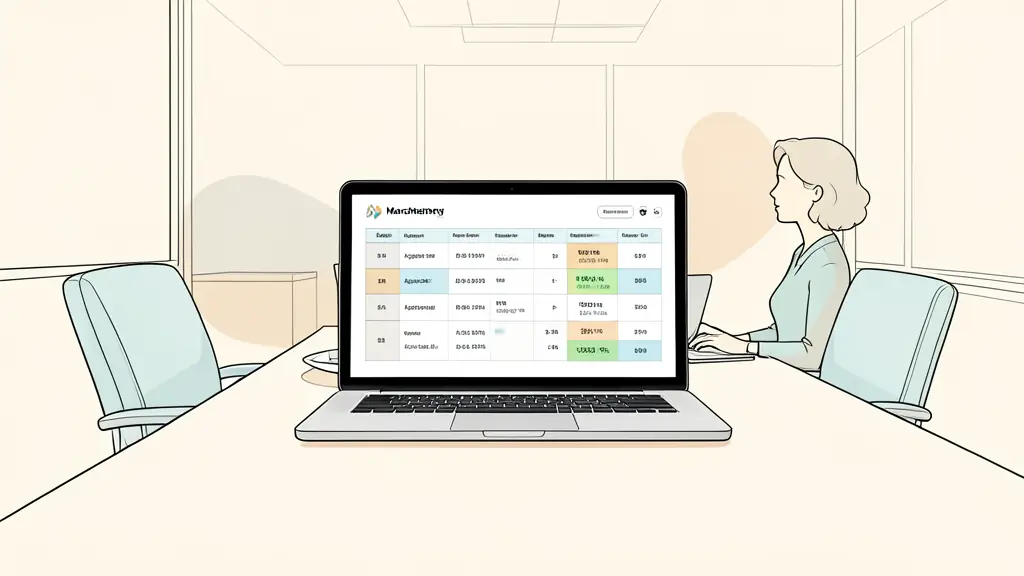 A professional business meeting in a modern Manchester office, focusing on a laptop screen displaying a data table with agency pricing and team size metrics.