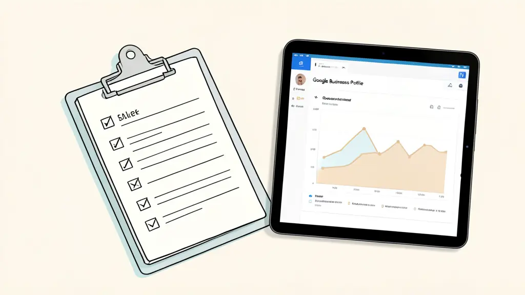 A close-up of a checklist on a clipboard next to a tablet showing a Google Business Profile dashboard with increasing growth charts.