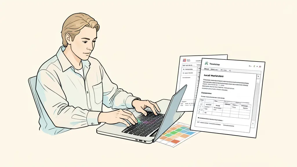 Local marketer reviewing a color-coded geo-grid on a laptop beside a printed citation audit and a call-tracking report, editorial office photography, no text or logos