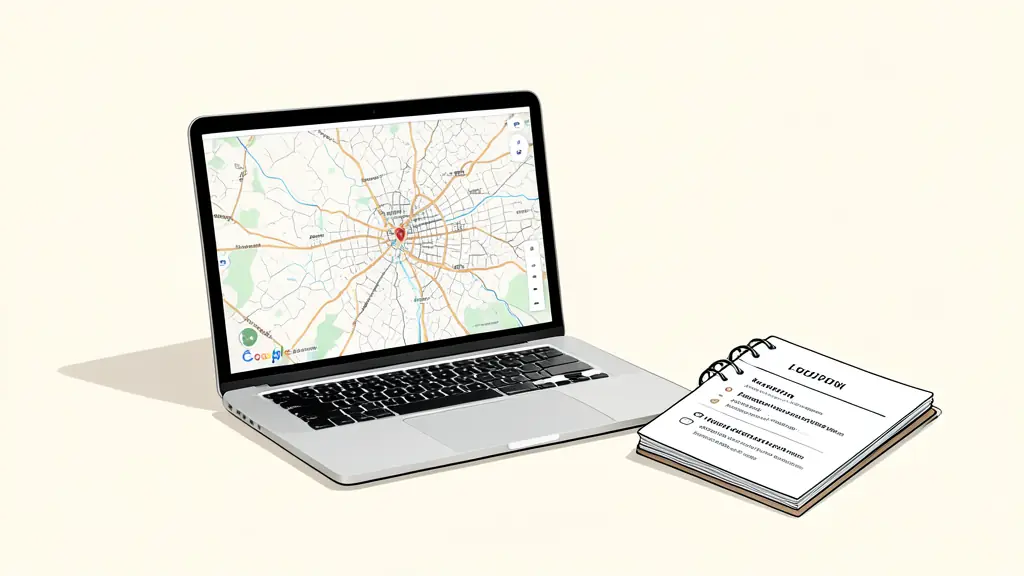 A professional workspace with a laptop showing a Google Maps heat map of Stratford-upon-Avon and a notebook with local keyword lists