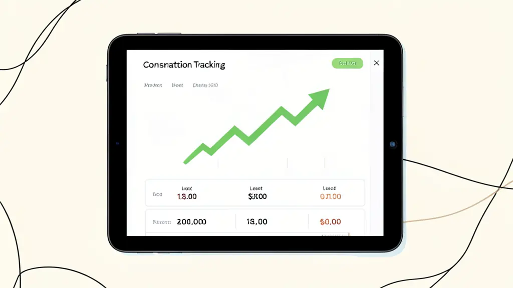 A close-up of a tablet screen displaying a conversion tracking dashboard with green upward-trending growth arrows and lead count totals