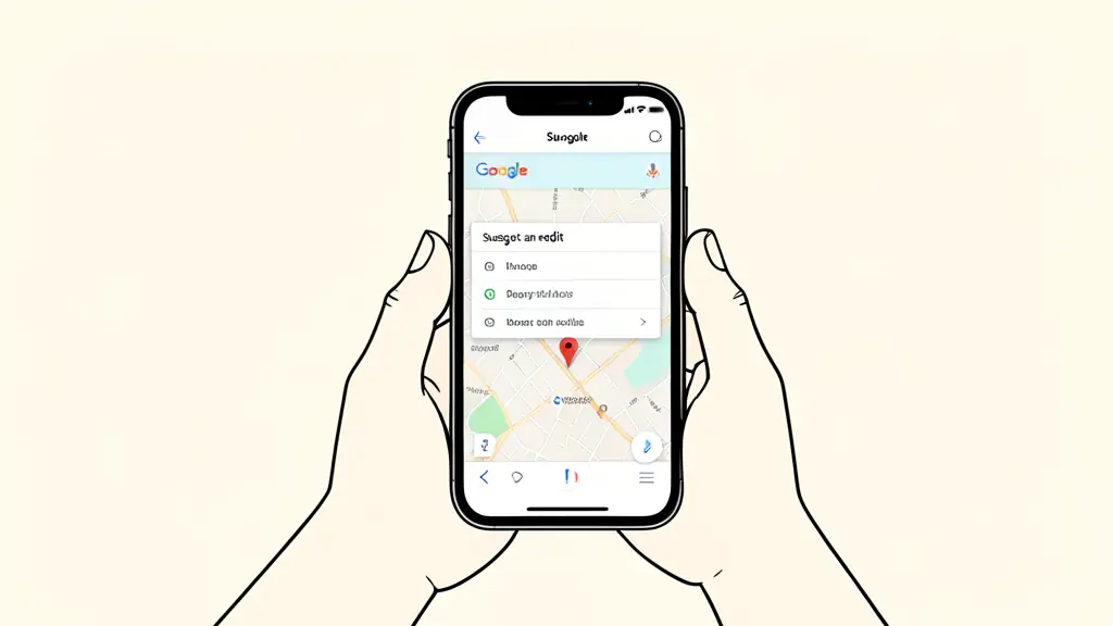 A person holding a smartphone displaying a Google Maps business listing with the 'Suggest an edit' menu open on the screen