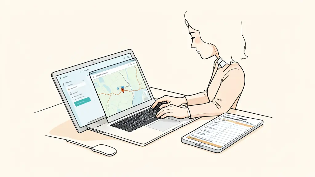 Business owner reviewing account permissions on a laptop, smartphone displaying a location map, printed ownership handover checklist on the desk