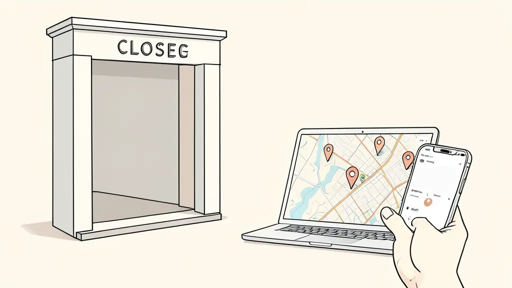 Closed storefront with an empty entrance, person submitting a map edit on a phone, duplicate location pins visible on a laptop map