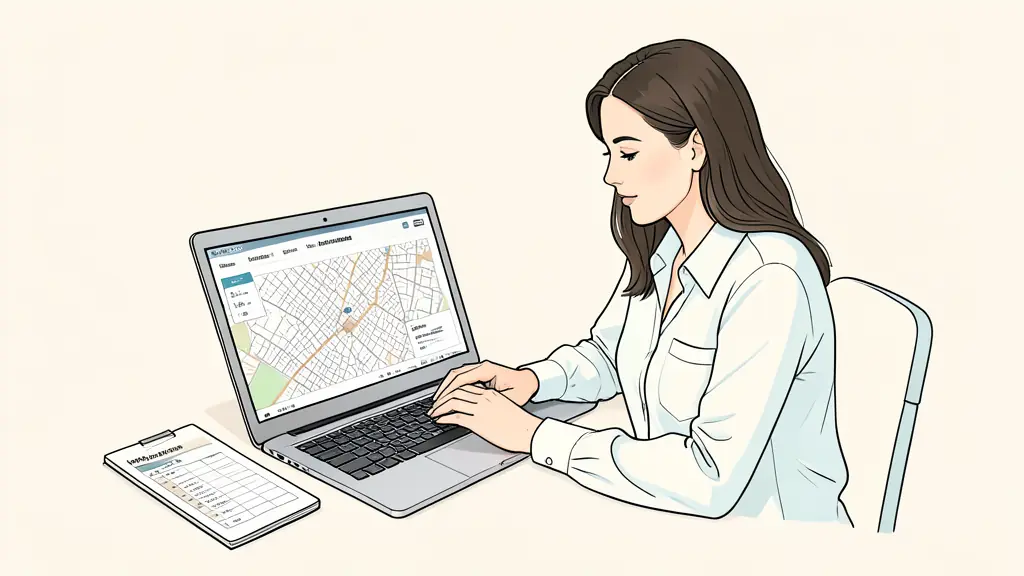 Dental practice manager reviewing a geographic rank grid on a laptop, city neighborhood map beside the screen, appointment call log on the desk