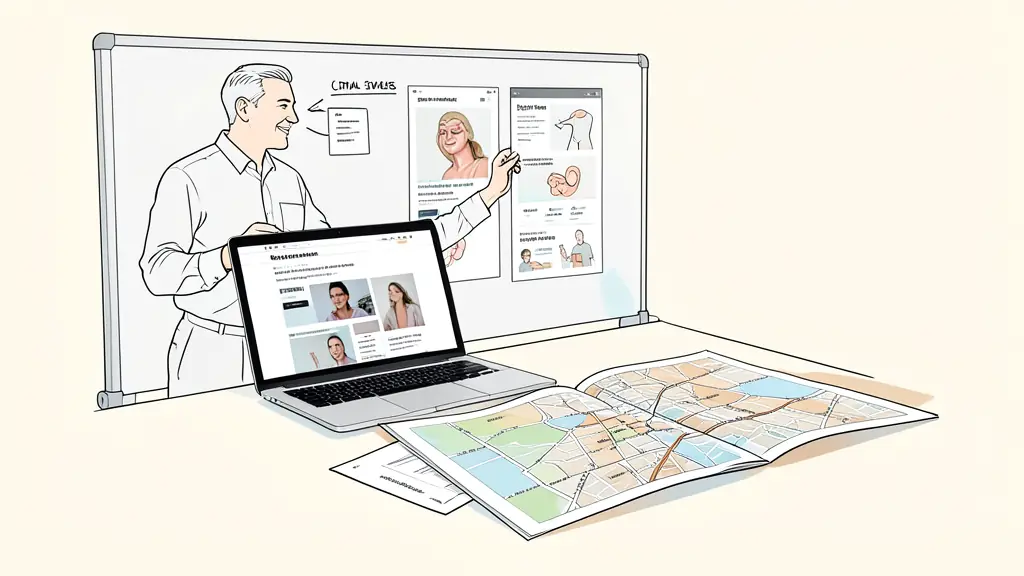 Dental marketer organizing service and city pages on a whiteboard, implant treatment webpage open on a laptop, neighborhood map spread across the table
