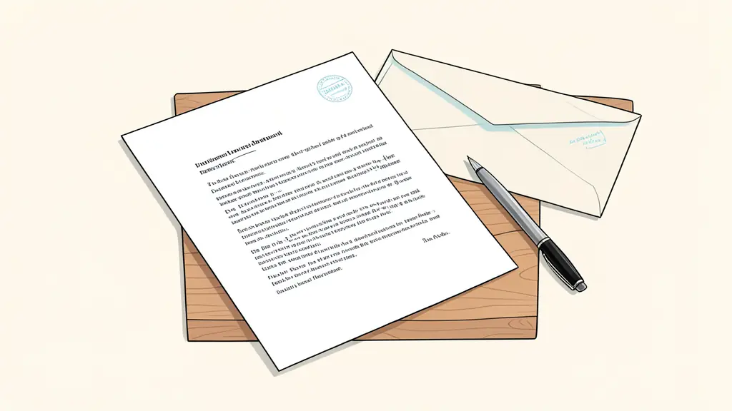 A close-up of a formal business letter on a wooden desk next to a stamped envelope and a pen.