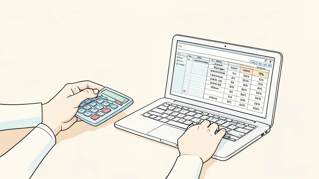 A person's hands using a calculator and a laptop with a spreadsheet showing debt calculations and settlement percentages.