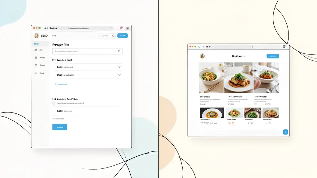 A split-screen view showing a website's backend SEO settings for page title and H1 on one side, and the resulting clean, professional restaurant homepage on the other