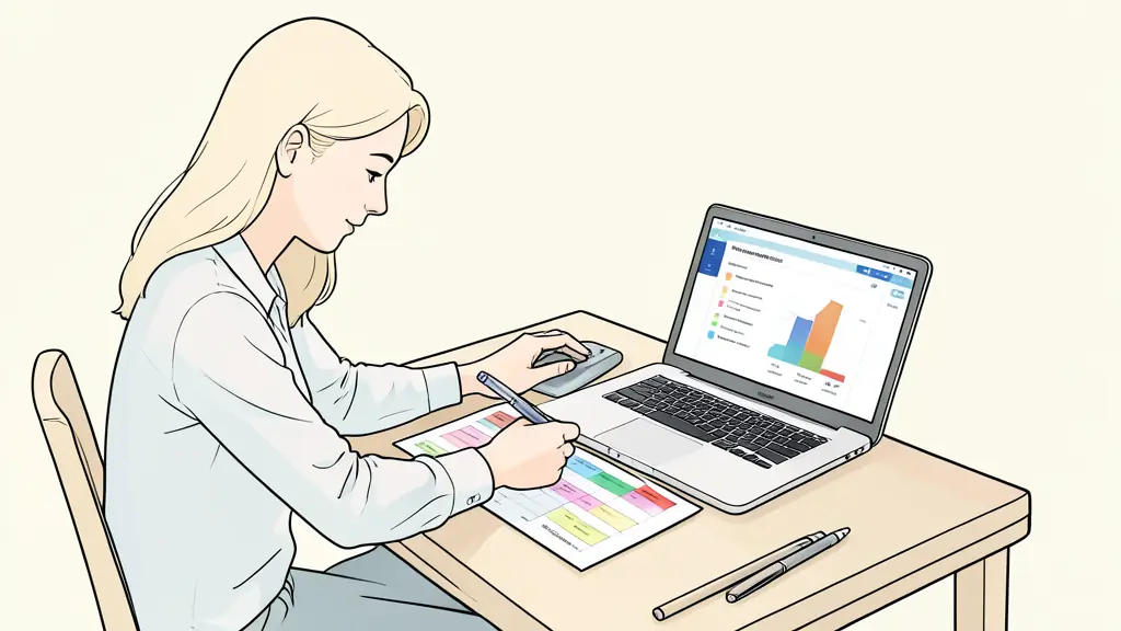 Job candidate assembling six sample review responses, color-coded escalation matrix on the desk, one-page ratings dashboard visible on a laptop