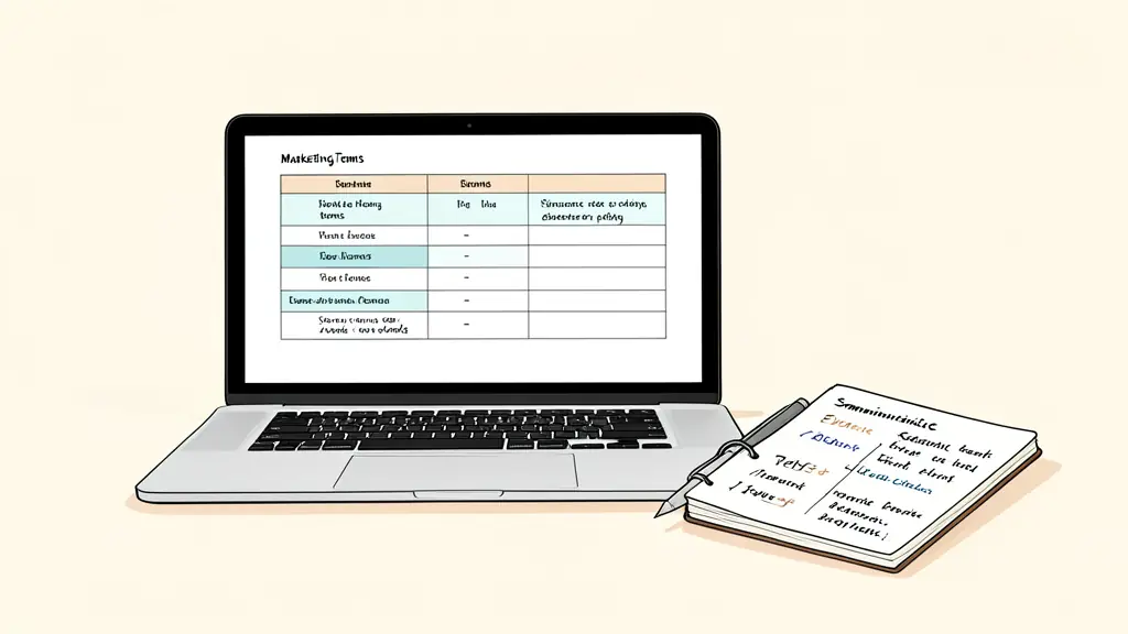 A professional workspace with a laptop screen displaying a comparison table of marketing terms and a notebook with handwritten semantic categories