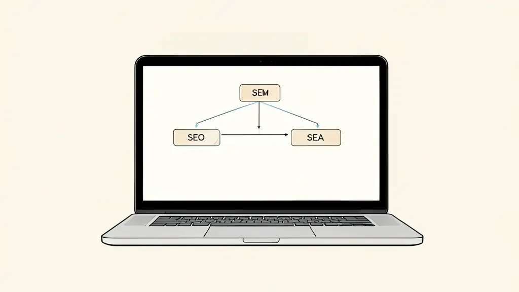 A professional workspace with a laptop screen showing a clear organizational chart linking SEM as the main header to SEO and SEA sub-categories